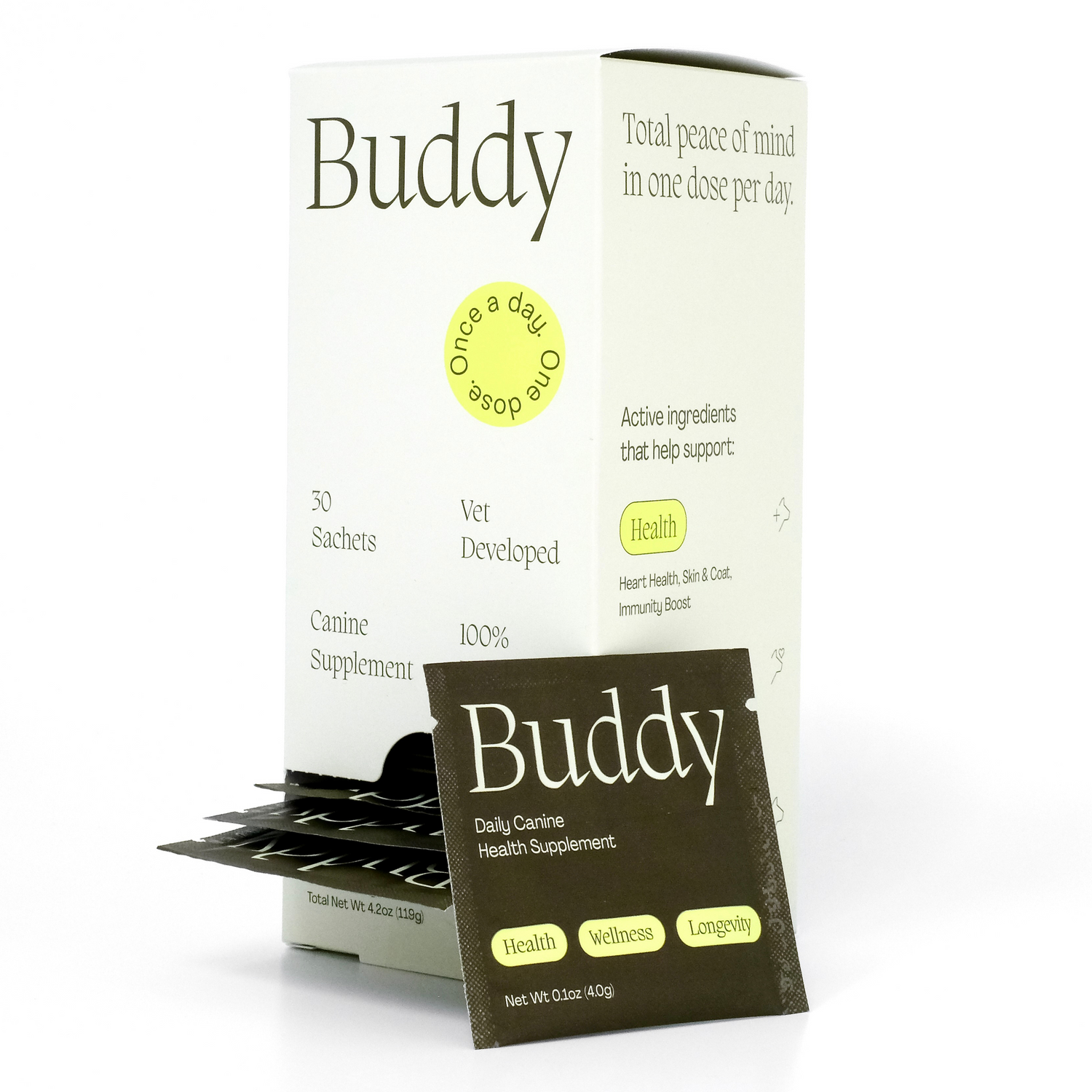 Each box of Buddy contains 30 sachets, conveniently accessible with our dispenser carton.