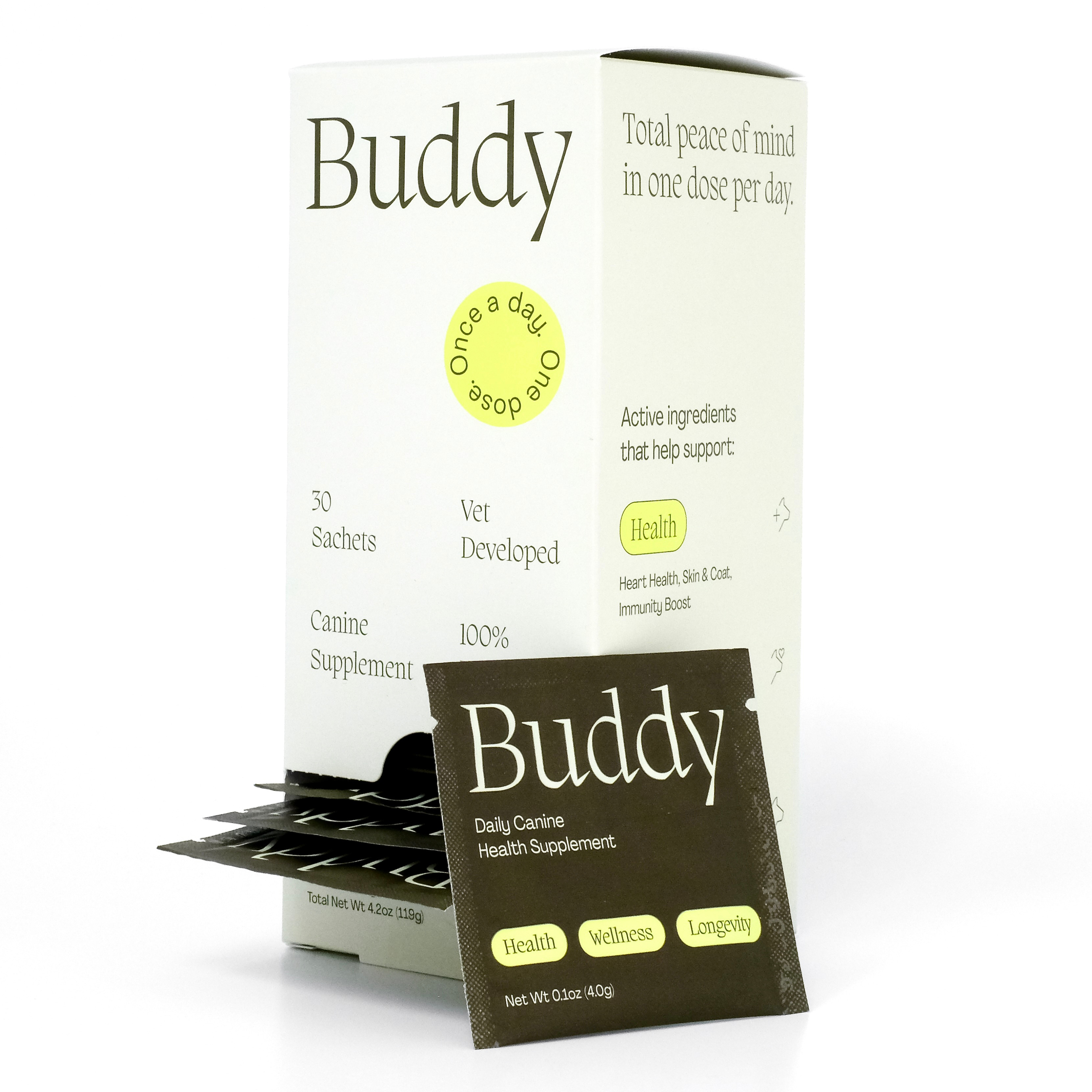 Each box of Buddy contains 30 sachets, conveniently accessible with our dispenser carton.