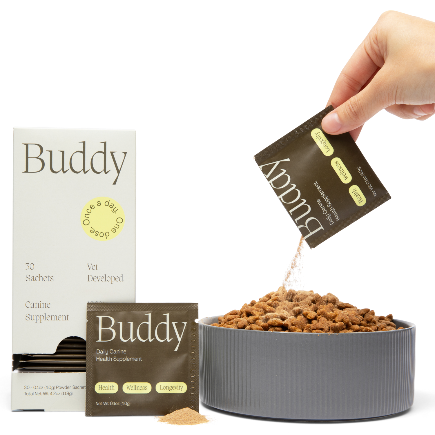 A hand pouring the Buddy daily meal topper powder from a pre-portioned packet into a bowl of kibble dog food, with a box of the product in the background.