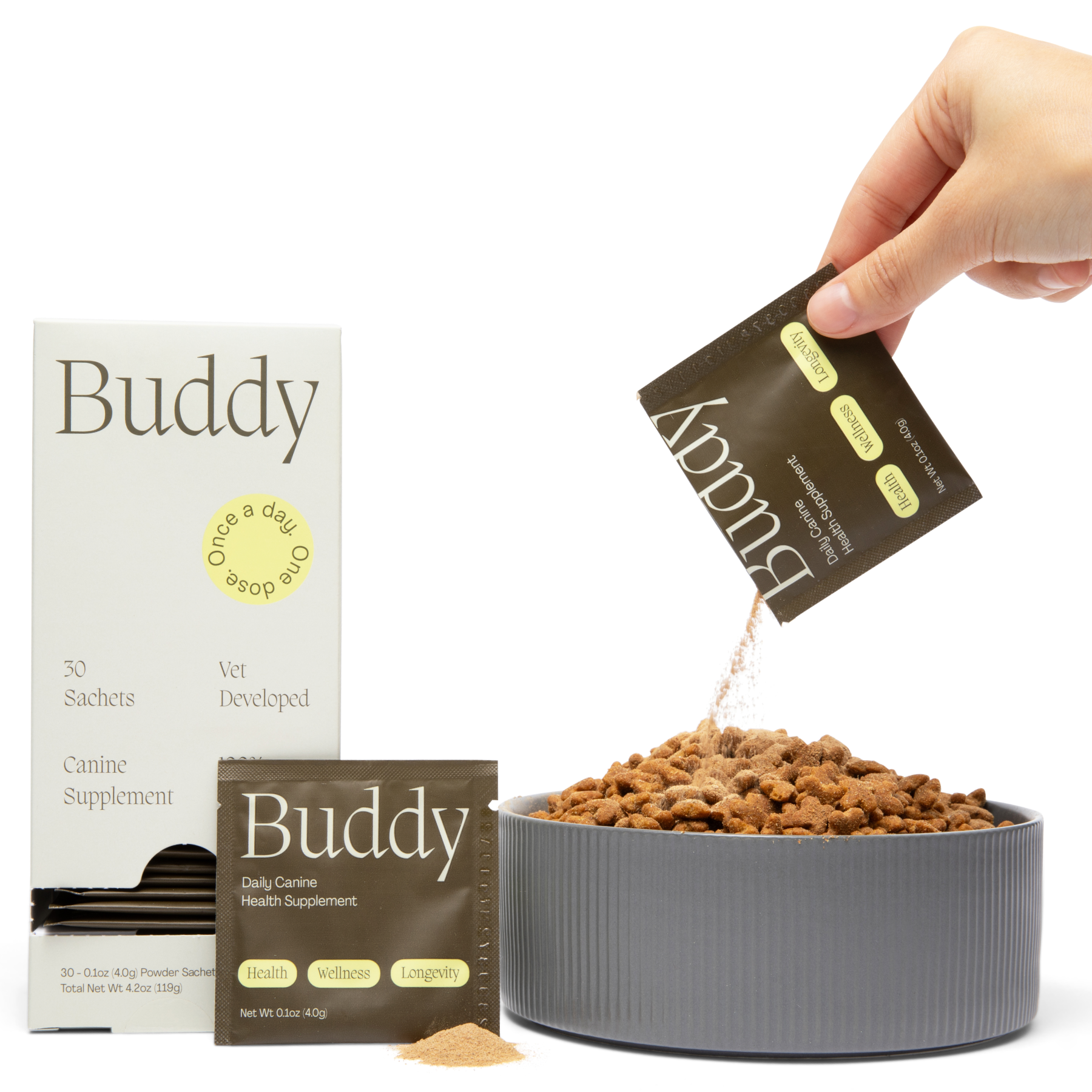 A hand pouring the Buddy daily meal topper powder from a pre-portioned packet into a bowl of kibble dog food, with a box of the product in the background.