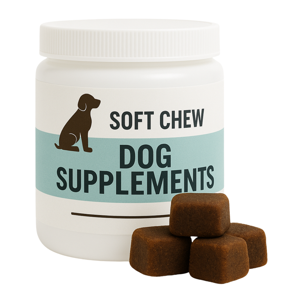 Generic tub labeled Soft Chew Dog Supplements with brown soft chews